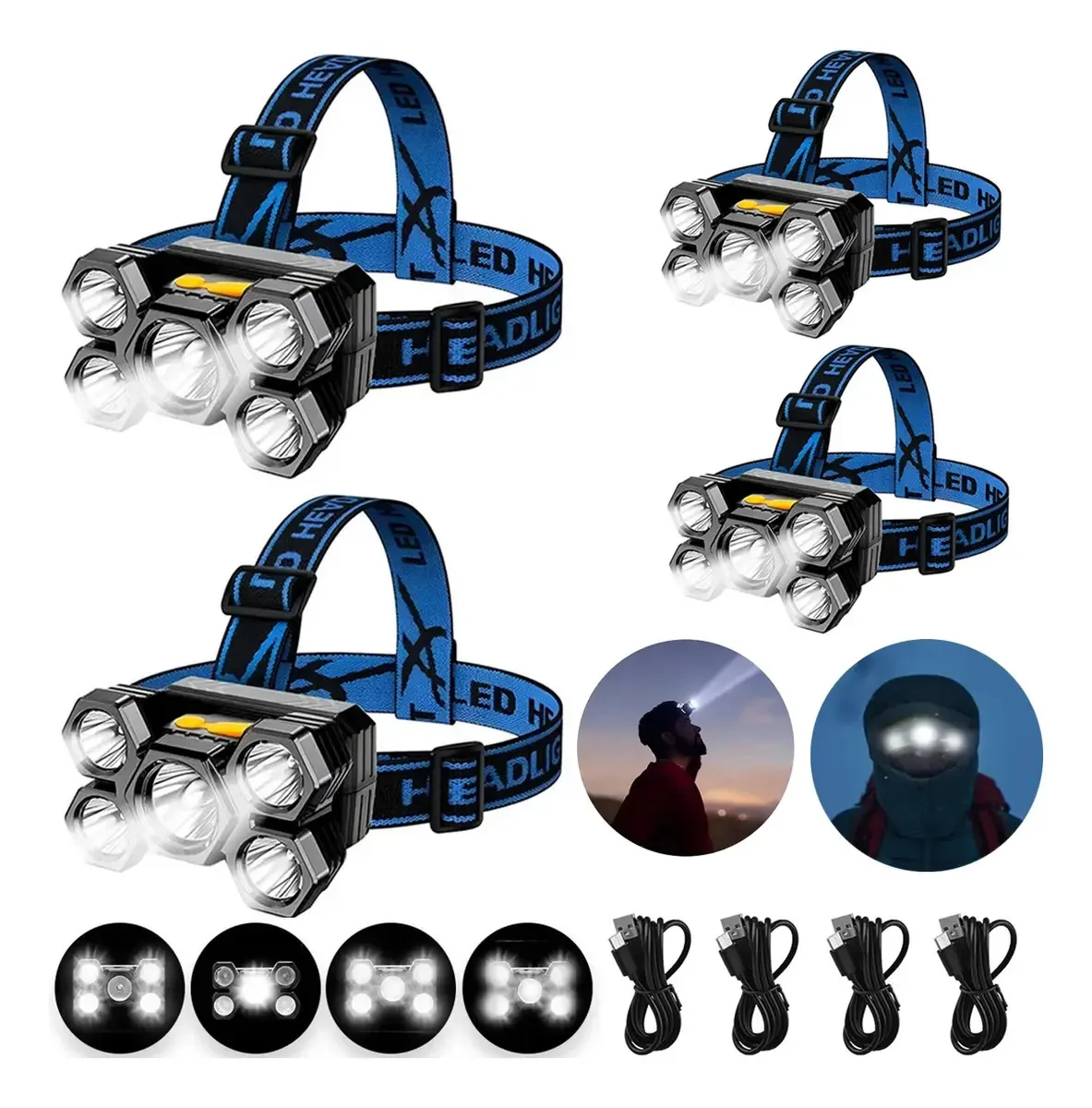 Lâmpada de cabeça recarregável Doscia, 4 peças, lâmpada de mineração LED USB 5, aço azul, prata, farol recarregável, lâmpada LED com 4 modos, farol brilhante para acampar, caminhar e correr