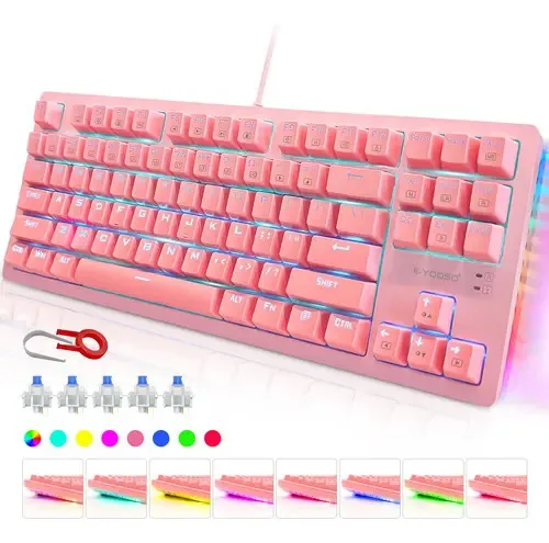 Teclado mecânico ergonômico para jogos com fio, 87 teclas, interruptores azuis, teclado mecânico com 19 modos, luz de fundo azul gelo e luz lateral LED RGB, à prova d'água, anti-fantasmas