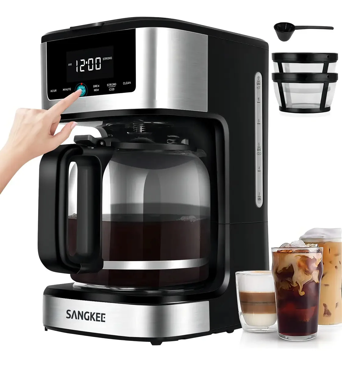 Cafeteira de gotejamento programável SANGKEE com filtro reutilizável, cafeteira para 12 xícaras, 3 modos de preparação, cafeteira compacta com jarro de vidro de 1,8 L, 4 horas de manutenção de...