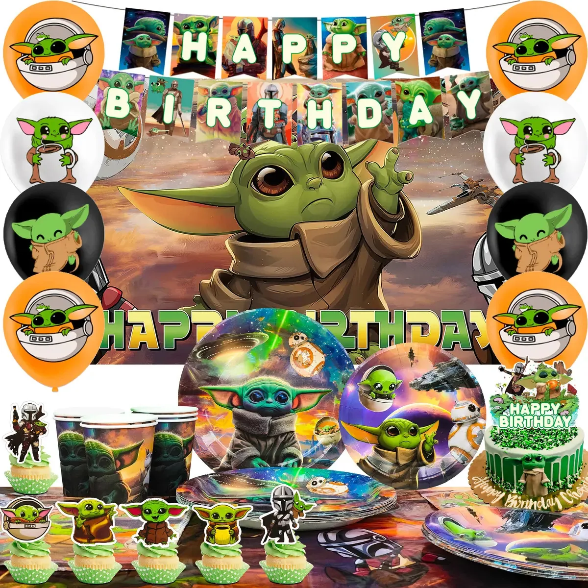Conjunto de decorações para festas de aniversário de 82 peças de Yoda Party