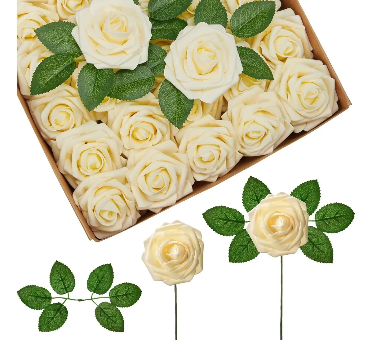 Rosas artificiais de 8 cm, 50 unidades+25 folhas: flores para decoração, flores artificiais, enfeites e decorações para casamento, rosa, flor de casamento, festa, escritório, restaurante, champanhe...