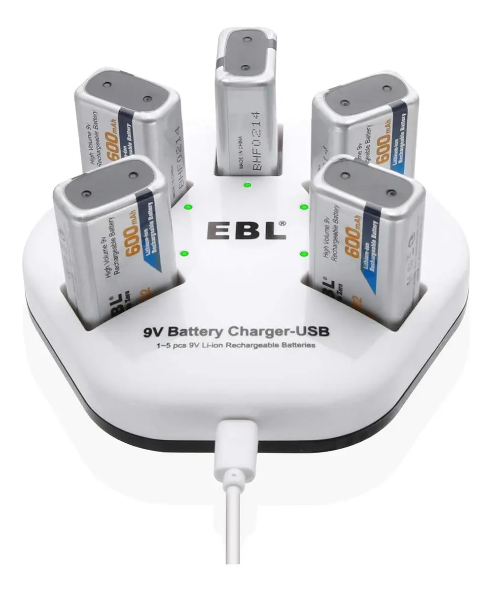 Baterias Recarregáveis Ebl De 9 V Com Carregador De 5 Compartimentos