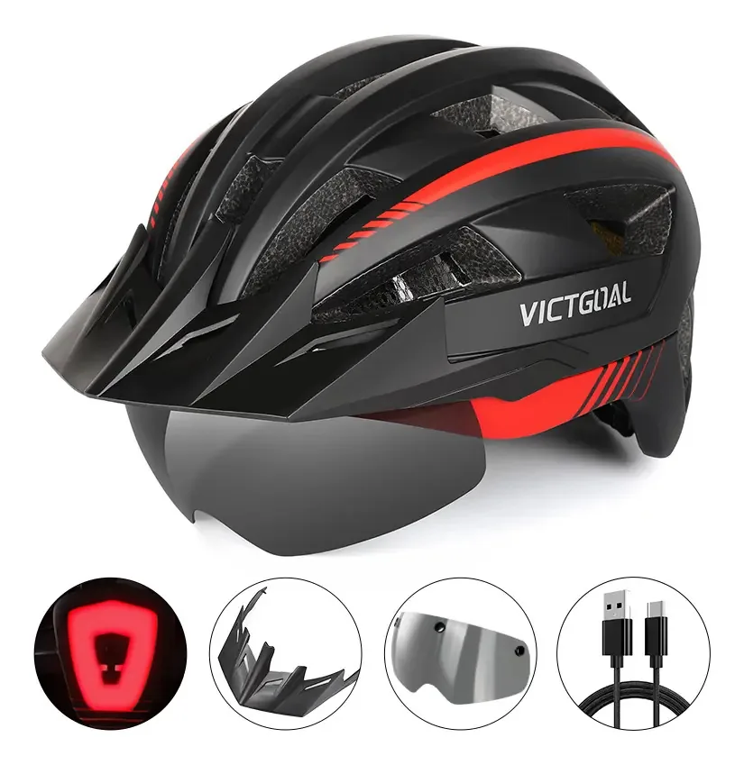 Capacetes C/ Luz E Óculos Usb Recarregáveis P/ Ciclismo Cor Black Red Tamanho M