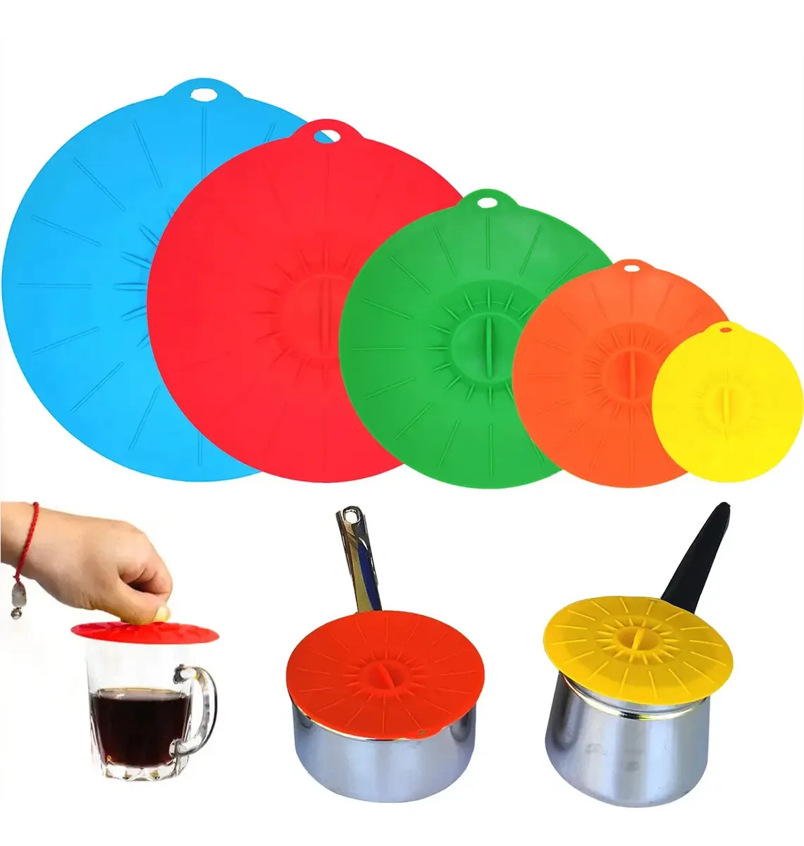 Conjunto de 5 tampas de silicone reutilizáveis resistentes ao calor