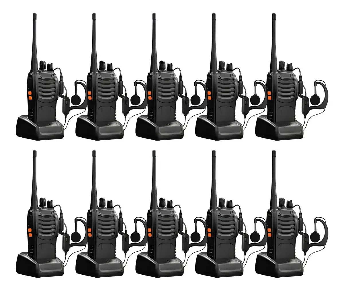 10 walkie-talkies pretos Baofeng — Walkie talkies bidirecionais de longo alcance, sem usar as mãos, incluindo fone de ouvido e microfone, bem como carregador e instruções.