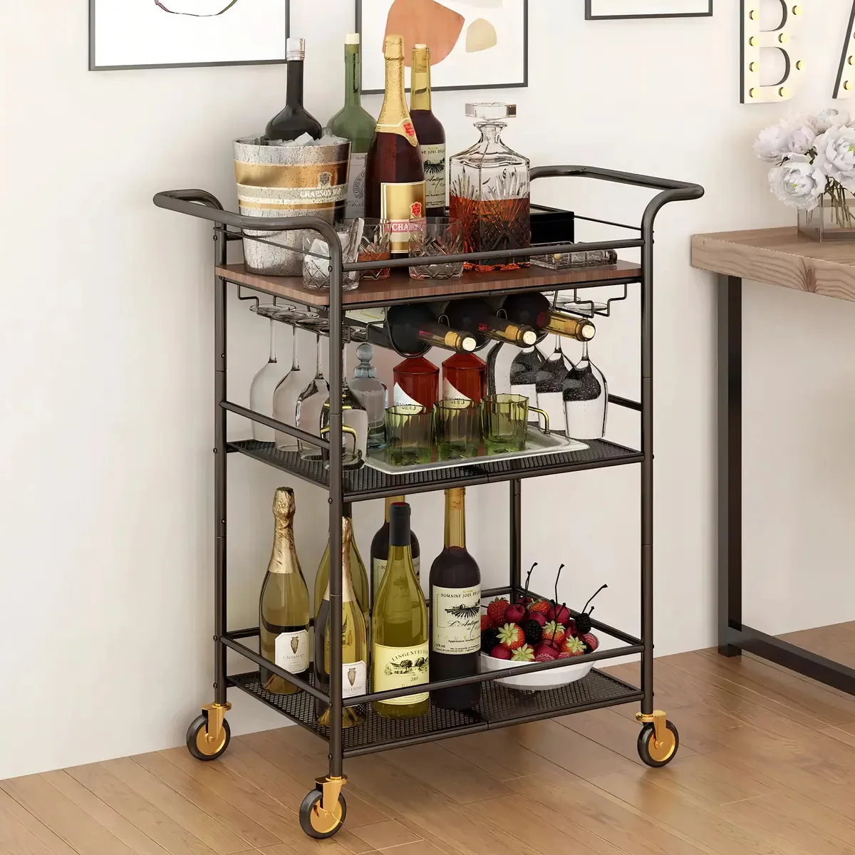 Carrinho de serviço de bar de cozinha móvel Pixelglam de 3 camadas com rodas