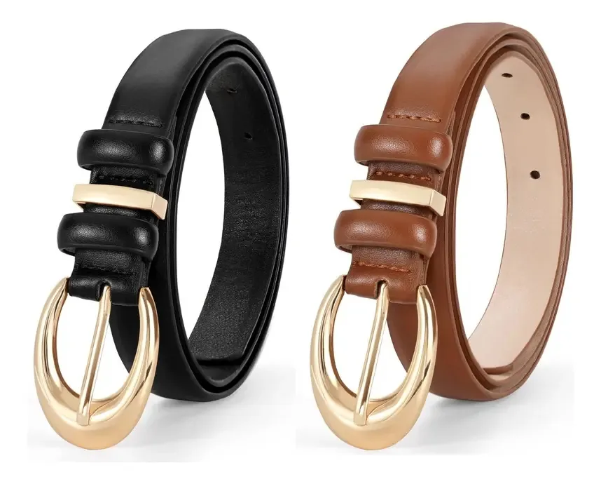 2 peças de cintos de couro, elegantes acessórios de moda femininos, cor preto-marrom, tamanho 130
