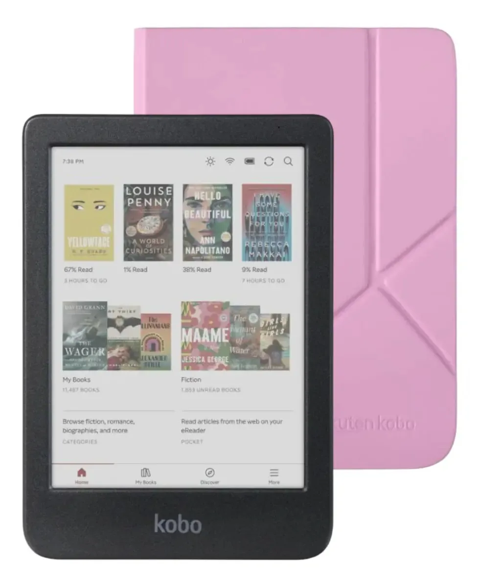 Leitor eletrônico Kobo Clear Colour Black e capa de dormir rosa