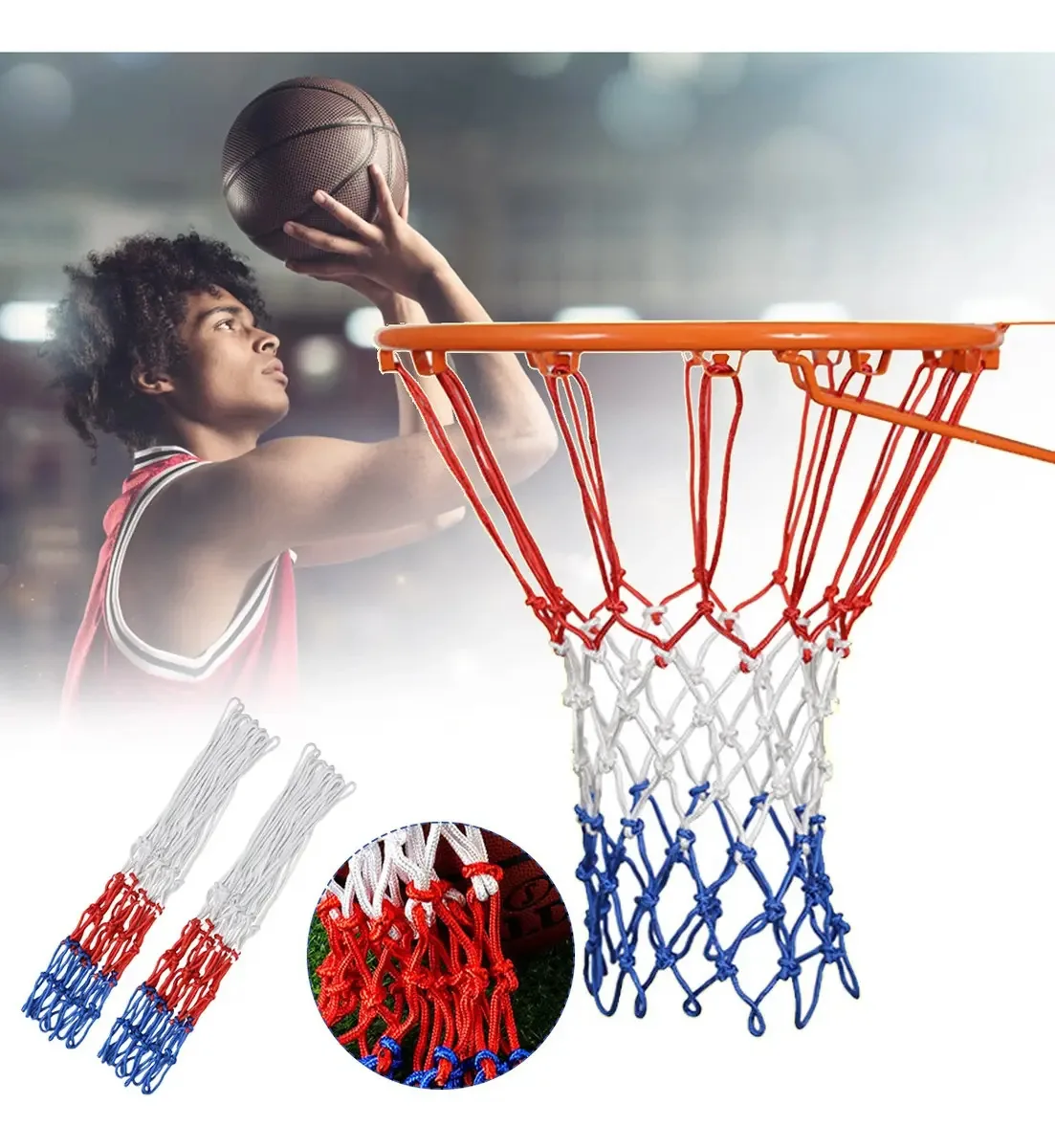 1 par de rede de basquete para cuenda reforçada, cor vermelho-branco-azul