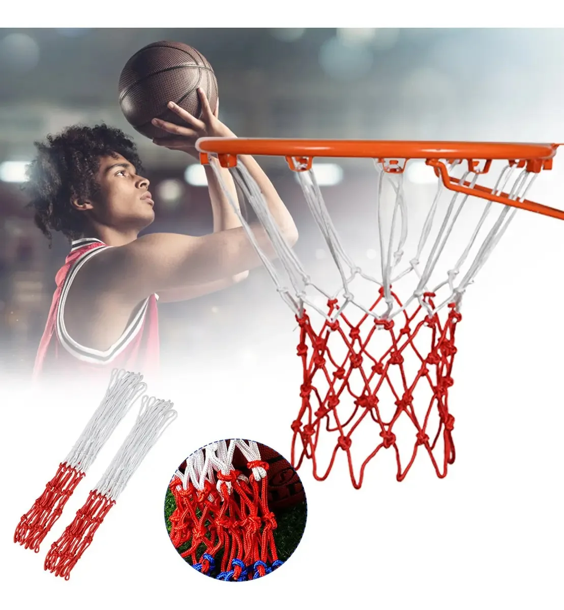 1 par de rede de basquete para cuenda reforçada, cor branco-vermelho