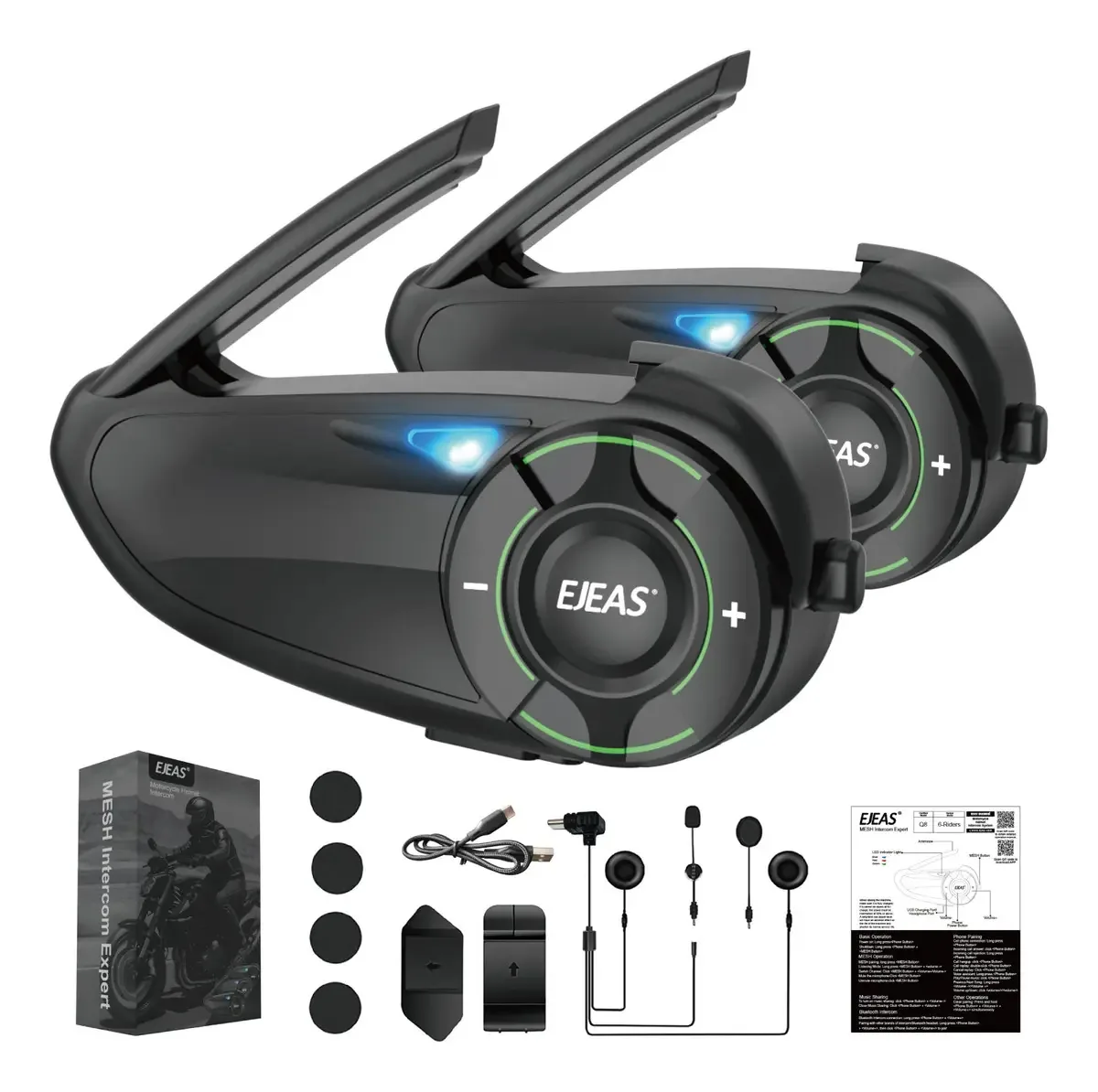 Intercomunicador Bluetooth Ejeas Q8 de 2 peças para capacete de motocicleta