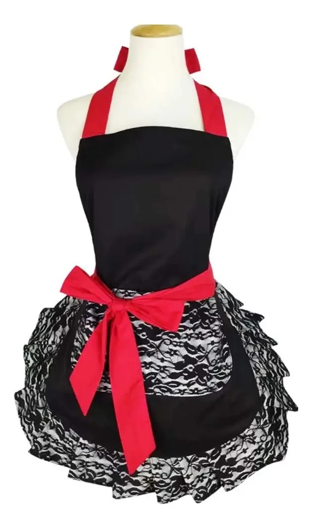 Aventais de cozinha de renda vintage para mulheres, Delanta. Cor Preto