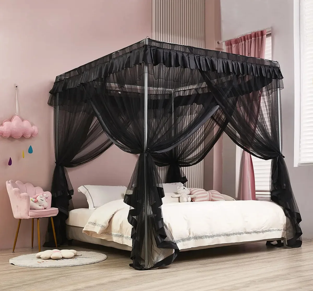 Cortinas de cama Mengersi Canopy, pretas, tamanho que