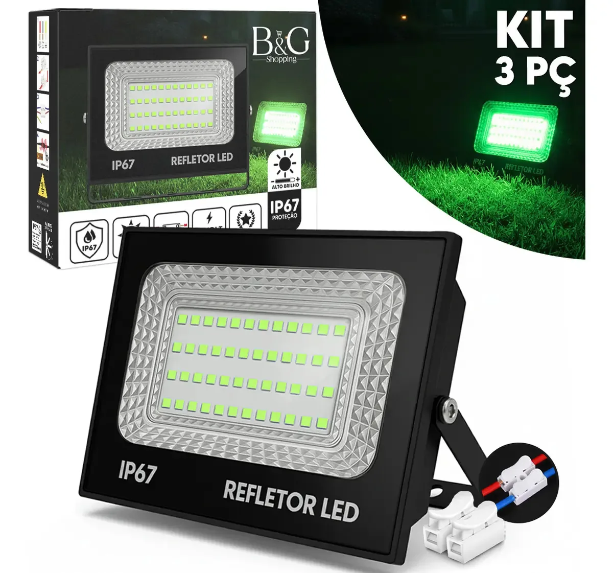 Kit 3 Refletores Led 100W IP67 Verde Bivolt C.PEREIRA Alumínio