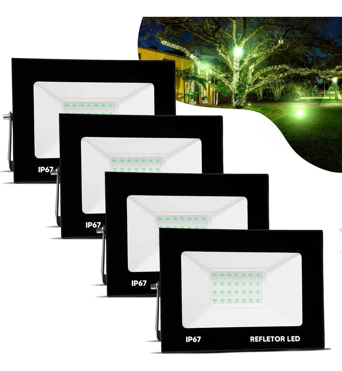 Kit 4 Refletores Pro Led 100w Iluminação Verde Ip67 Carcaça Preta
