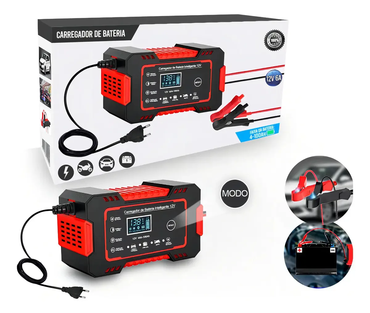 Carregador Bateria Automotiva Avery 12V 6A Display Digital Auxiliar Partida
