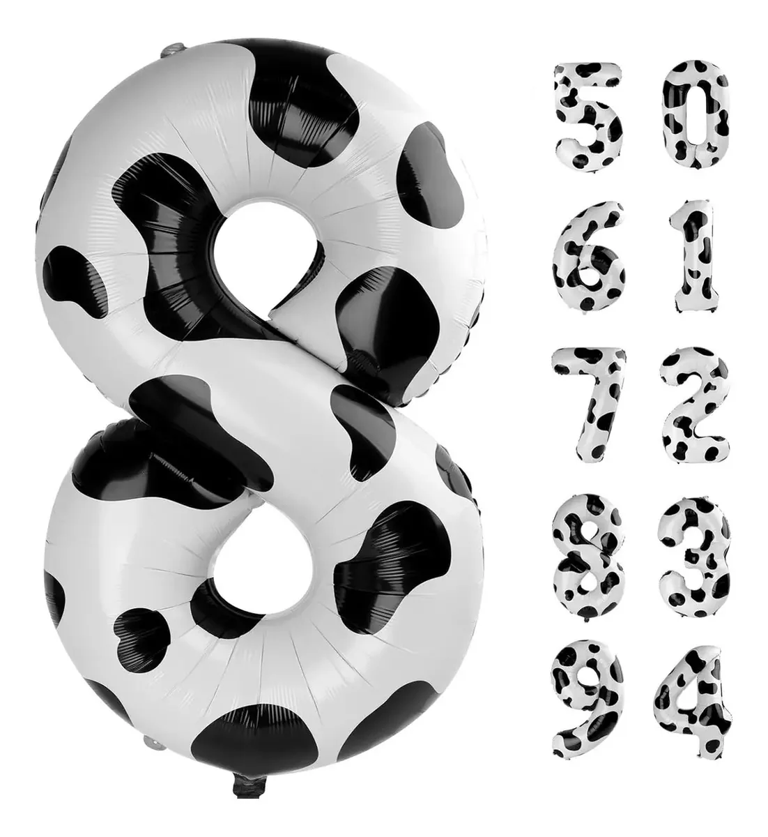 Balões de aniversário com estampa de vaca e número 8