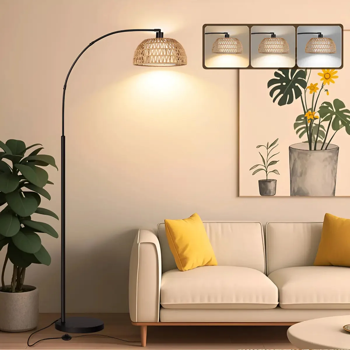Luminárias de chão Rottogoon Rattan Arc para sala de estar E