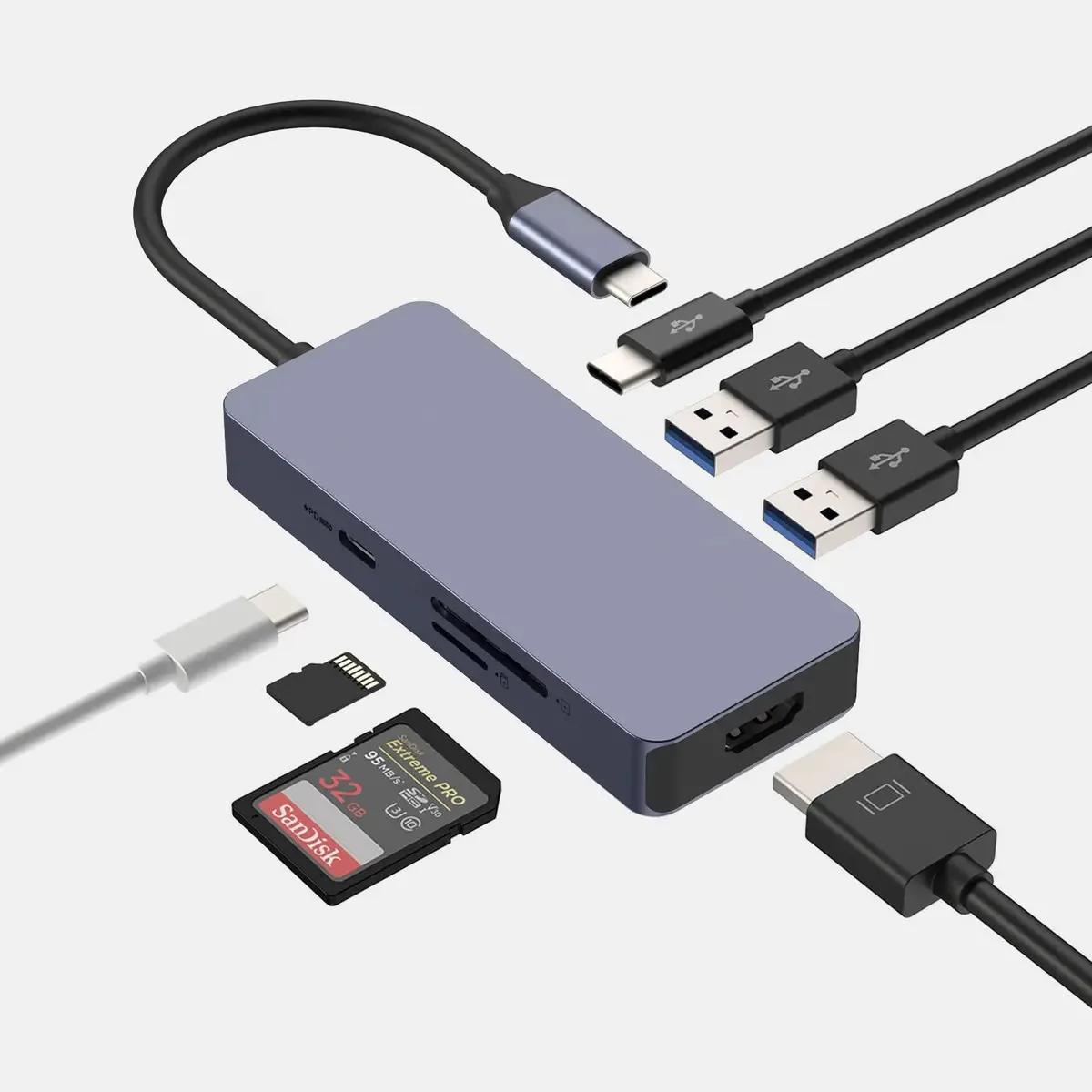 Hub USB C Oberster, adaptador multiporta USB C para HDMI Adaptador USB C 7 em 1 com 4k HDMI, 2 USB 3.0, USB C 3.0, SD/TF, Pd de 100 w compatível com Windows e macOS