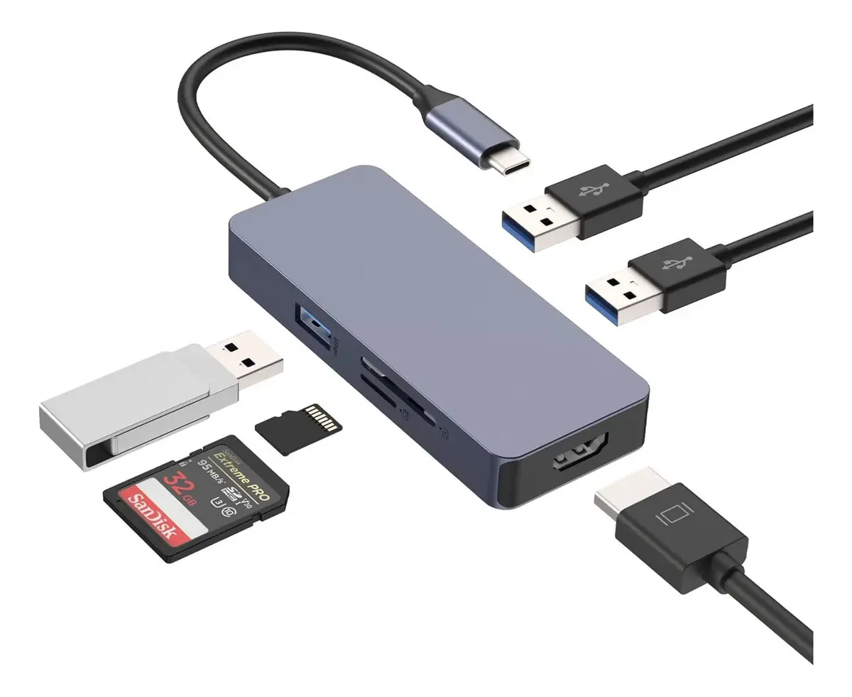 Hub USB C, adaptador USB C 6 em 1 com 4k Usb C para HDMI 3*puer