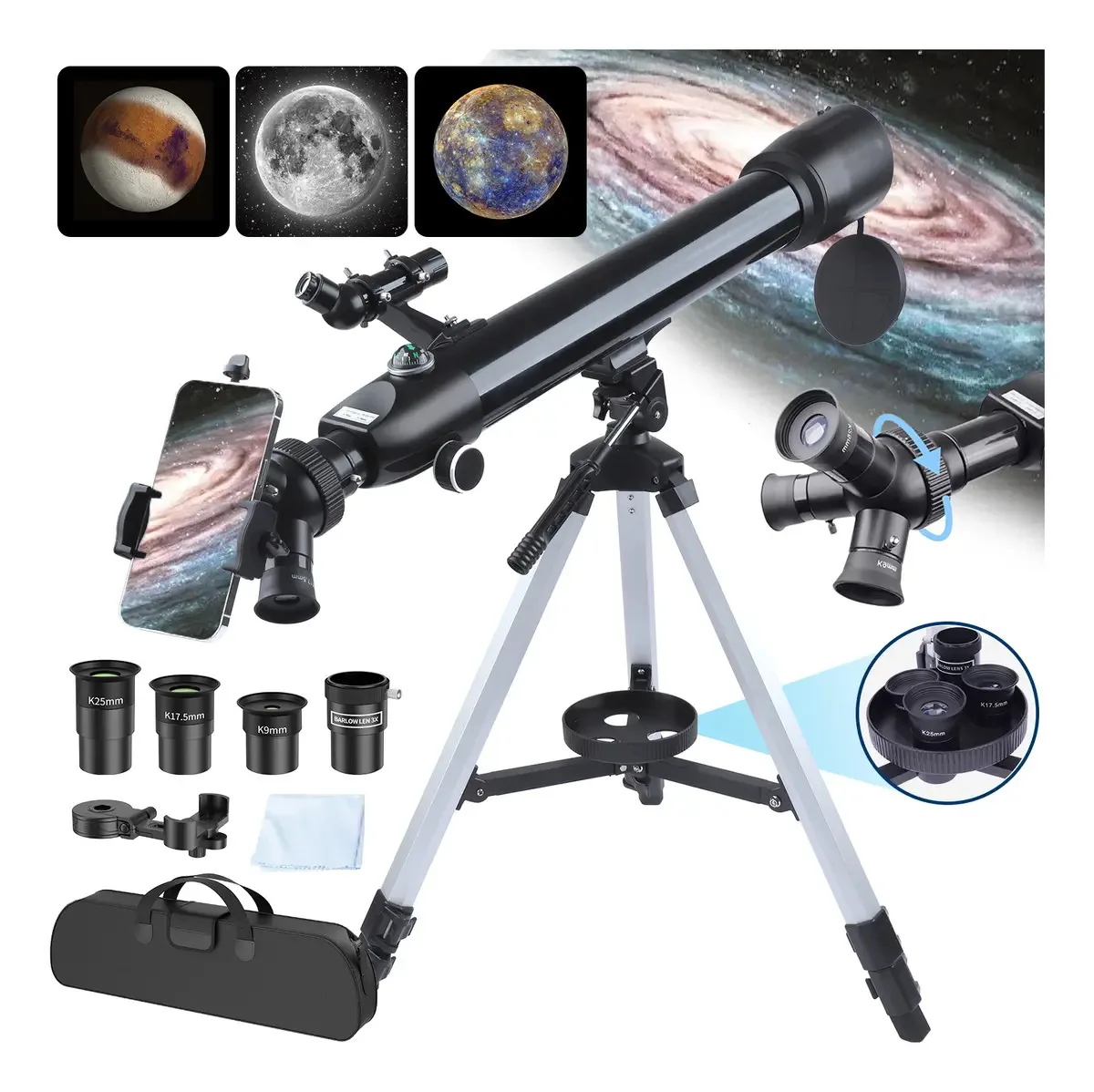 Telescópio refrator profissional Bnise 700x70mm com 3 oculares giratórias e adaptador telefônico, ideal para observação celestial e terrestre para adultos e crianças