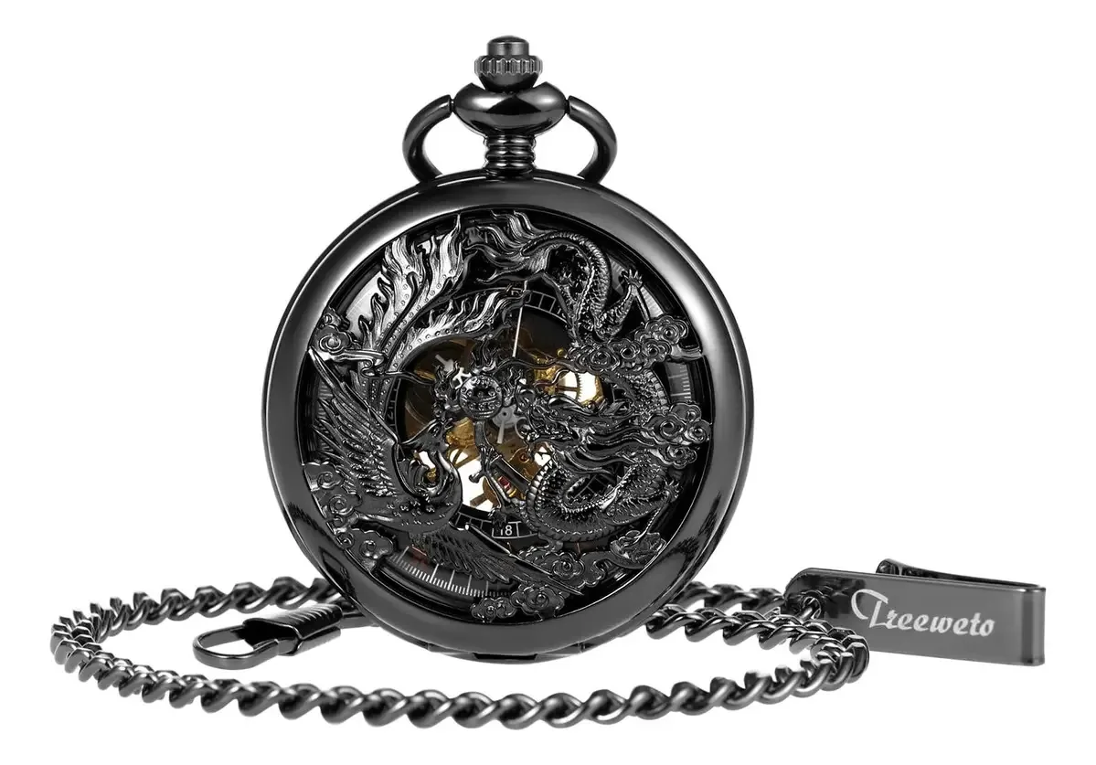 Relógio de bolso Treeweto Mechanical Skeleton para homens, cor preta