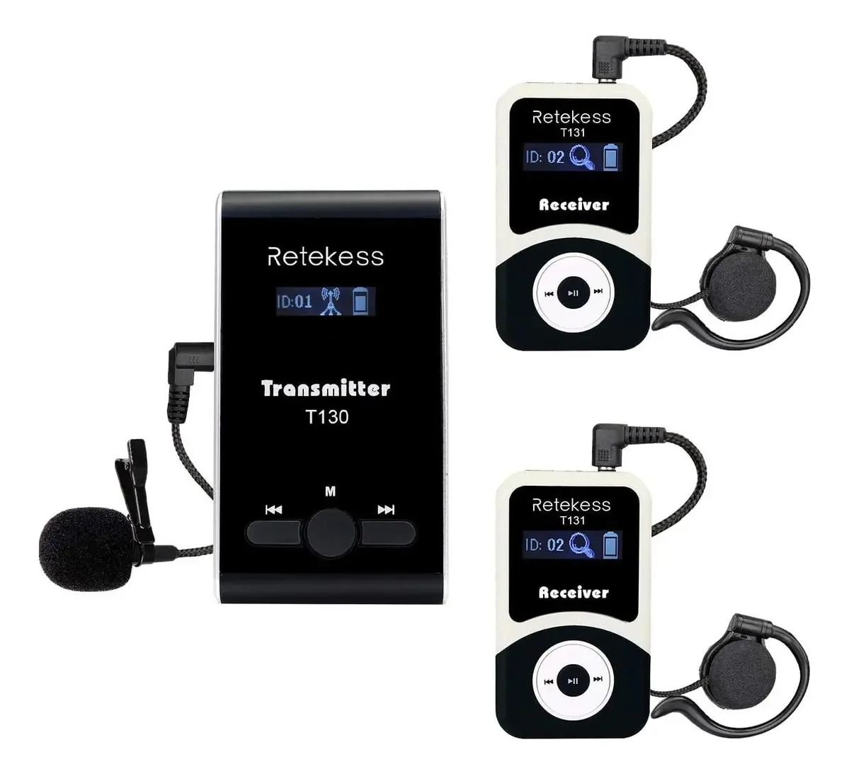 Caixa para 1 transmissor e 2 receptores, Retekess T130, Sistema