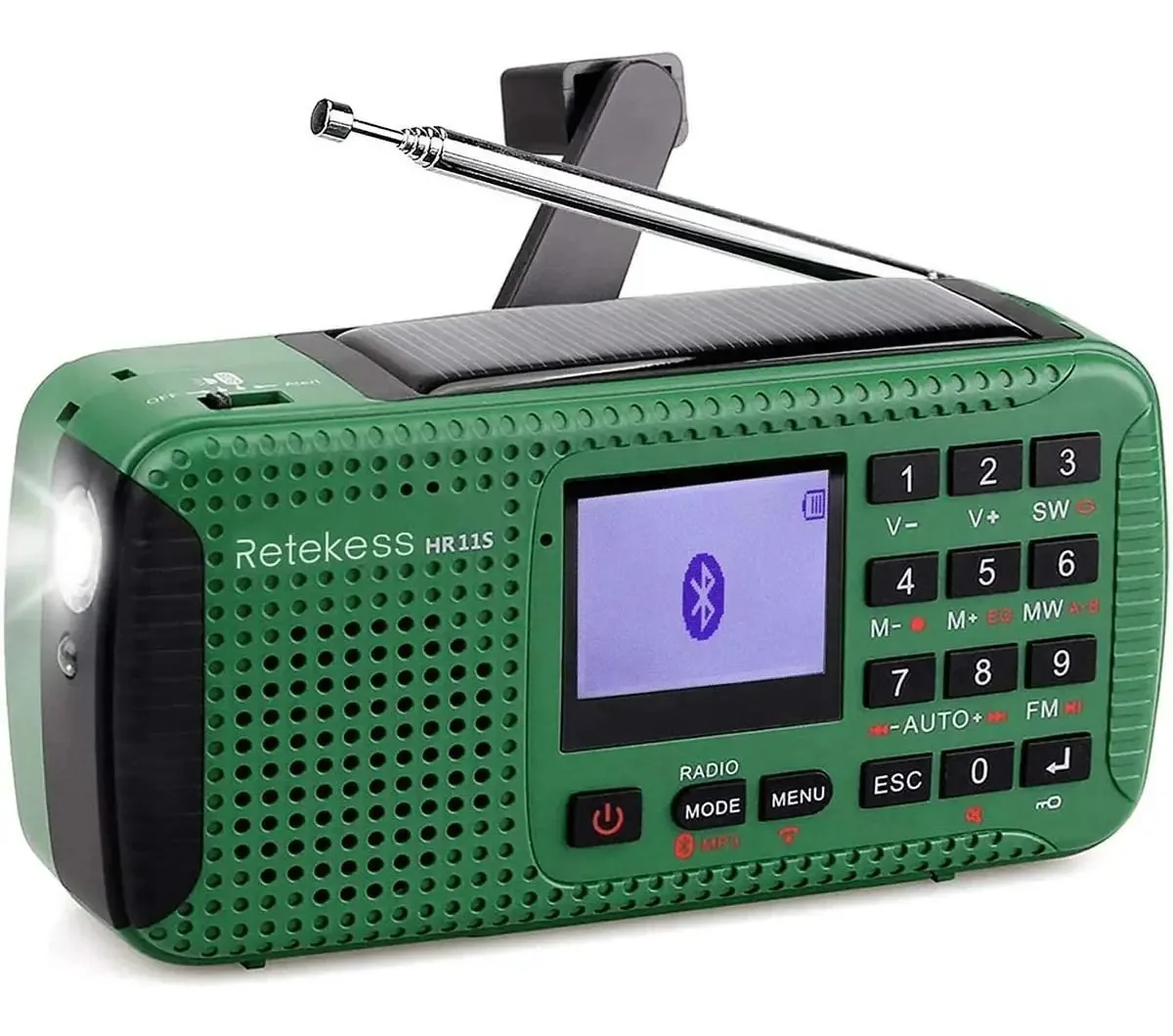 Rádio de ondas curtas Retekess HR11s, rádio Bluetooth Am Fm, rádio de emergência com manivela solar, rádio portátil recarregável com lanterna, alerta SOS e carregamento do telefone (verde)
