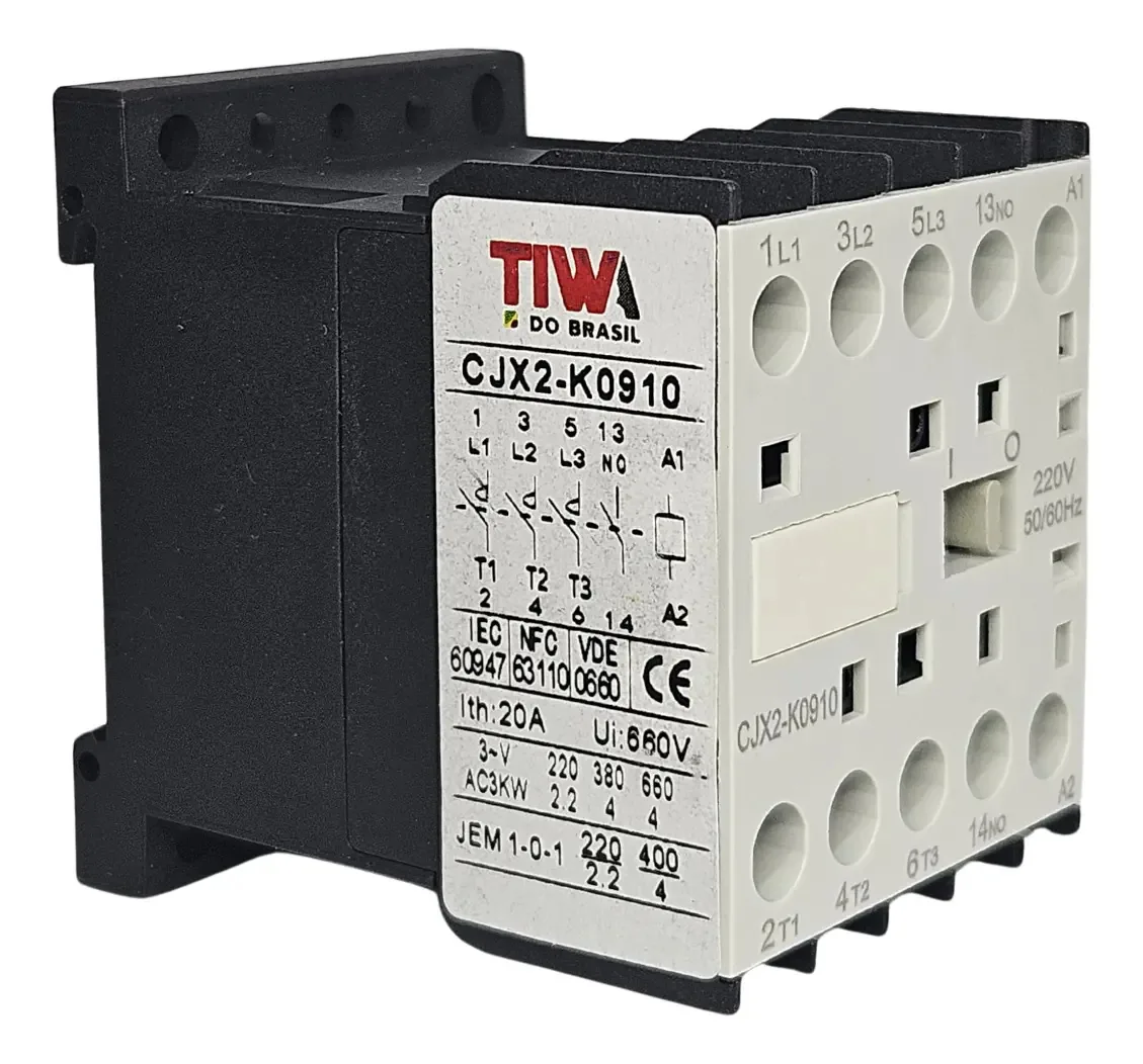 Mini Contator 9A 220V Tiwa CJX2-K0910 Automação Motores Painéis