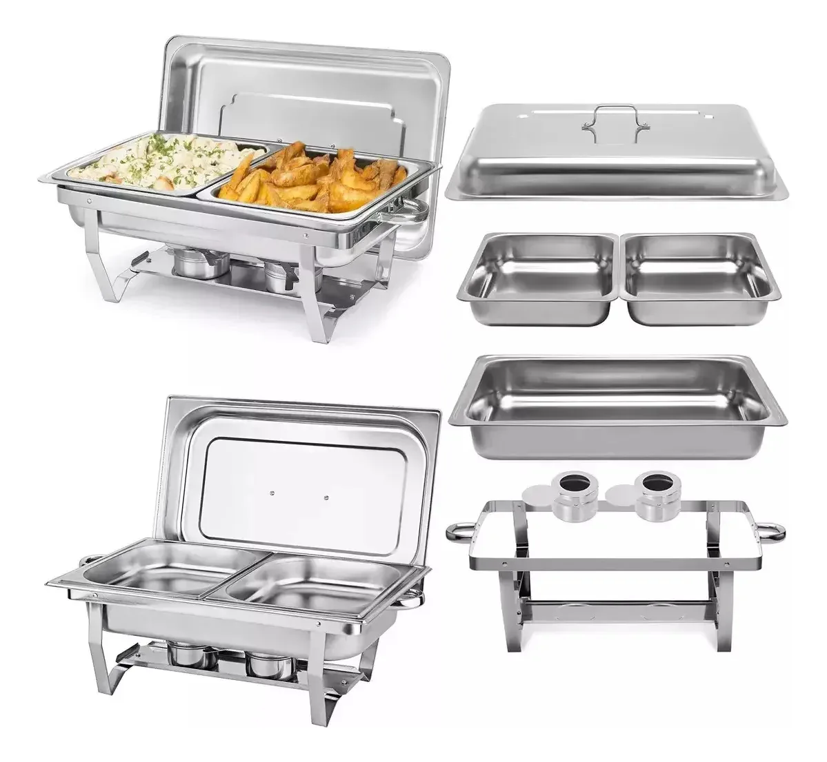 Rechaud Duplo Retangular Inox Armazem135 9,5L Com 2 Cubas e 2 Queimadores a Álcool