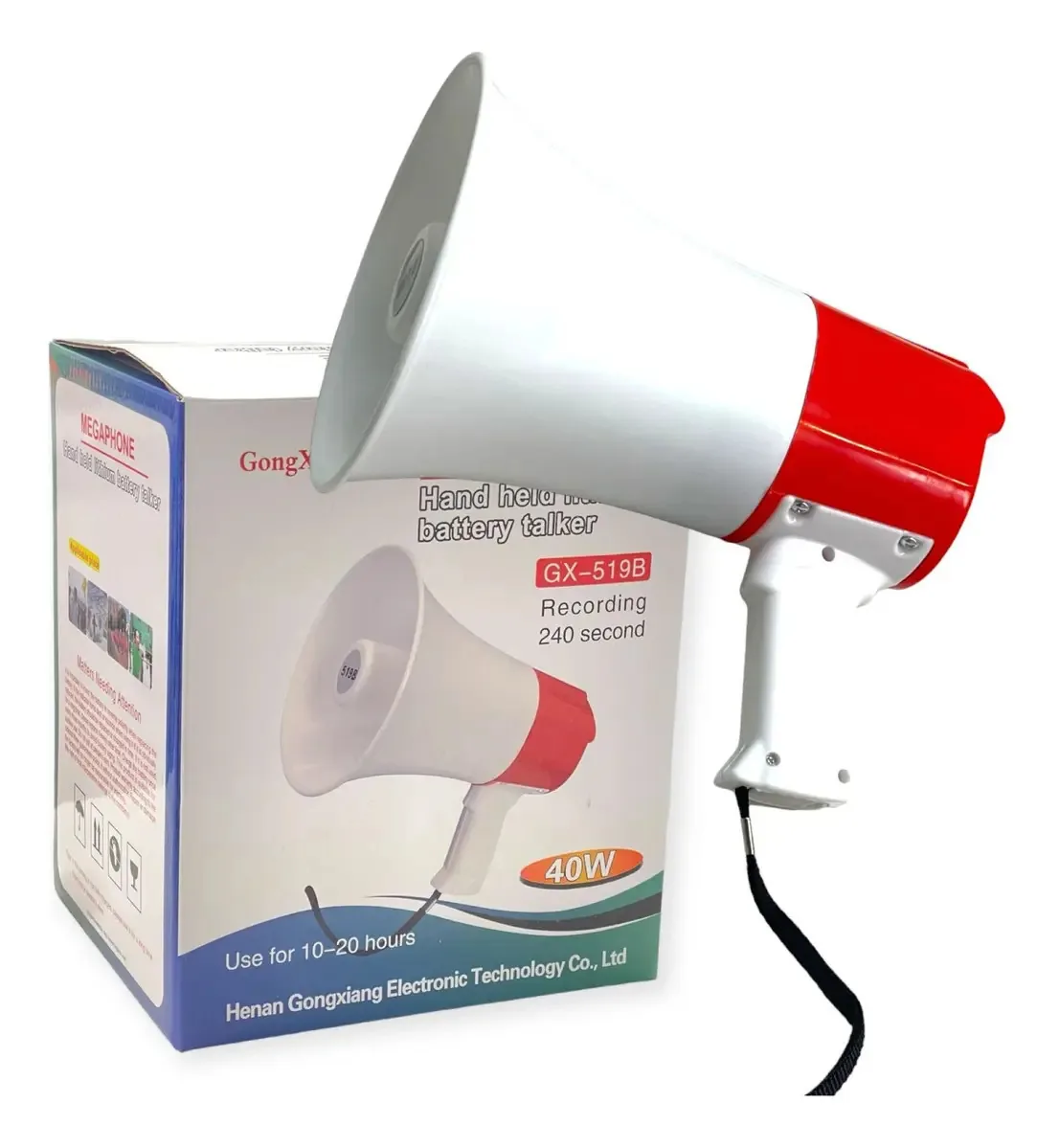 Porta USB recarregável para megafone, reproduza e grave 40w em branco