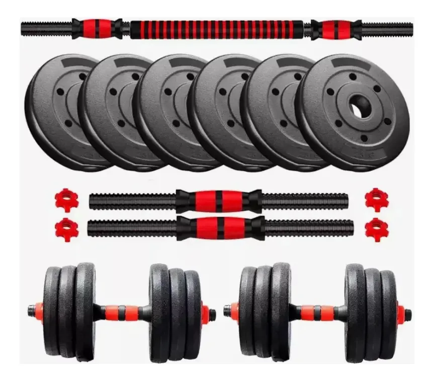 Kit de halteres e barras + discos de PVC Dakota de 30 kg com tampa de rosca, cor preta/vermelha