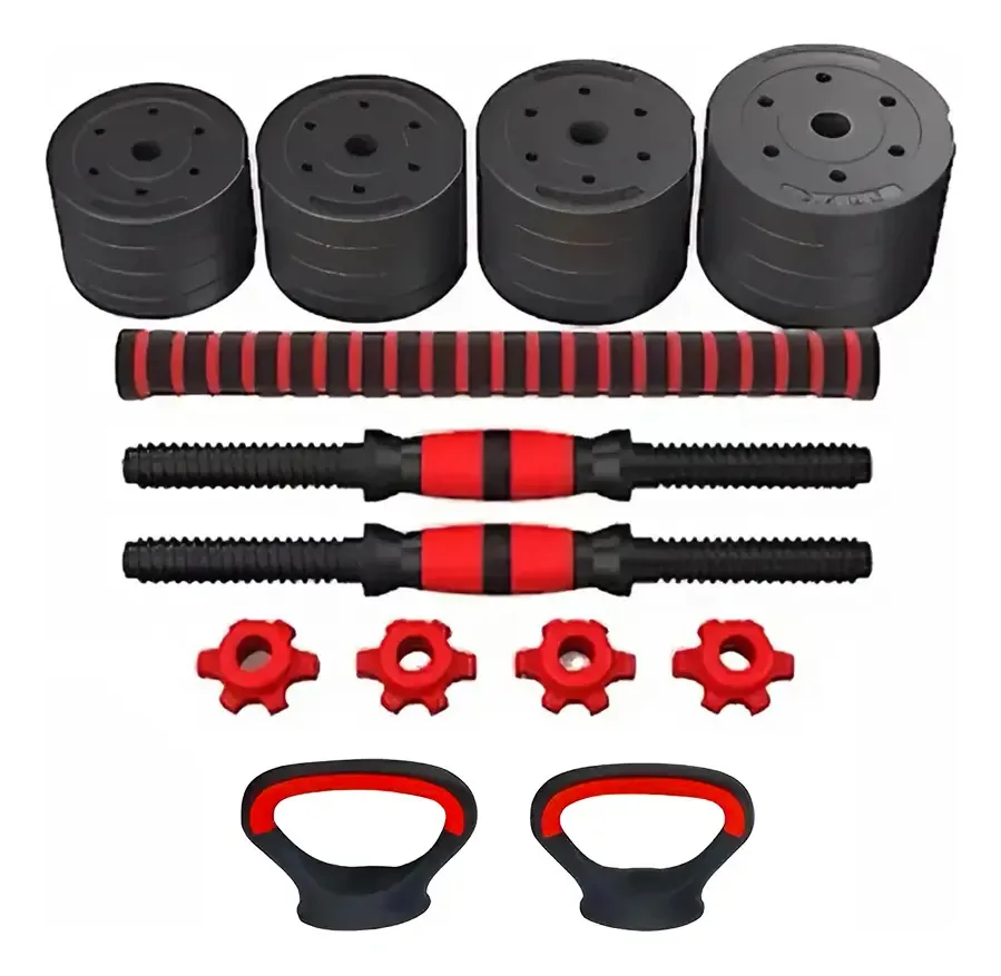 Kit de halteres e kettlebells Dakota de 30 kg com discos de PVC com tampa de rosca
