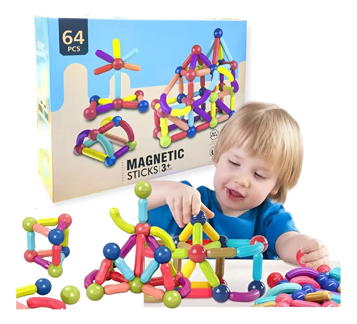 Blocos Magnéticos Magnetic Stick 64 Peças