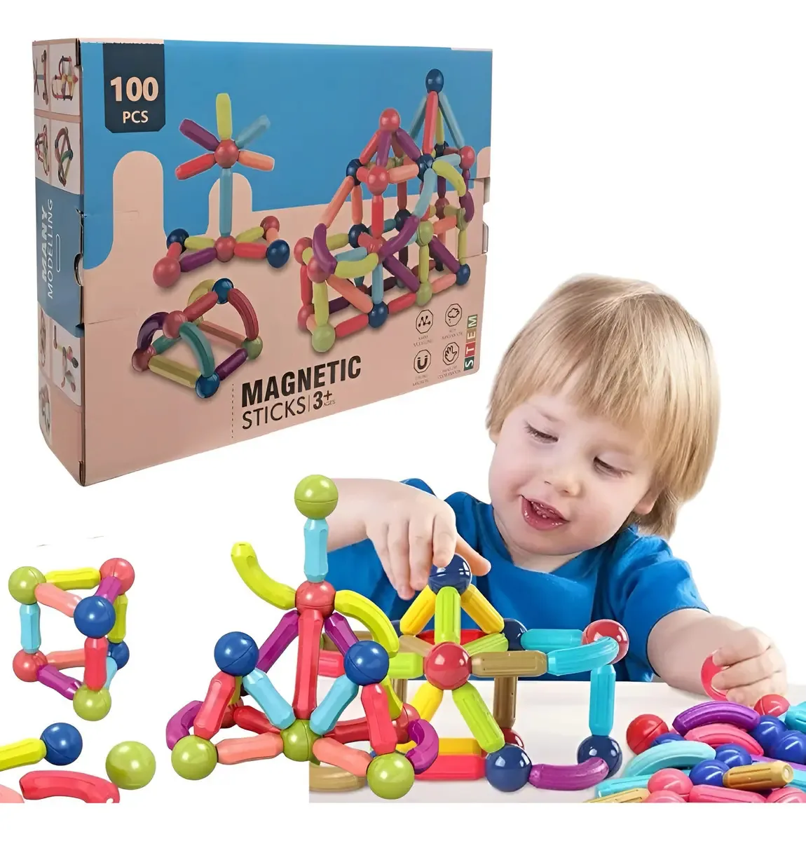 Blocos magnéticos para montagem de bastões magnéticos de brinquedo, 100 unidades, versão de personagens, bastões magnéticos