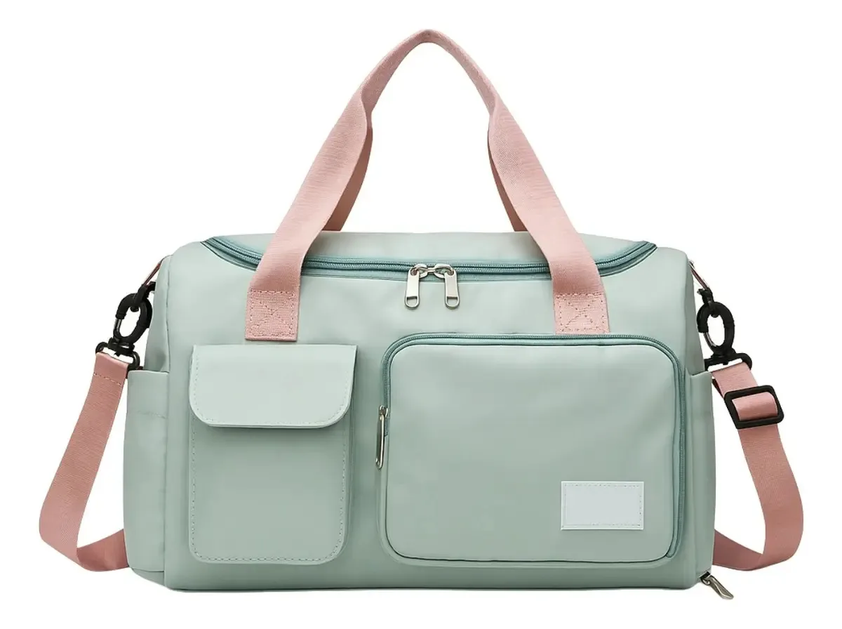 Bolsa de viagem esportiva feminina de tecido grande, verde água e rosa, bolsa de viagem e esportes