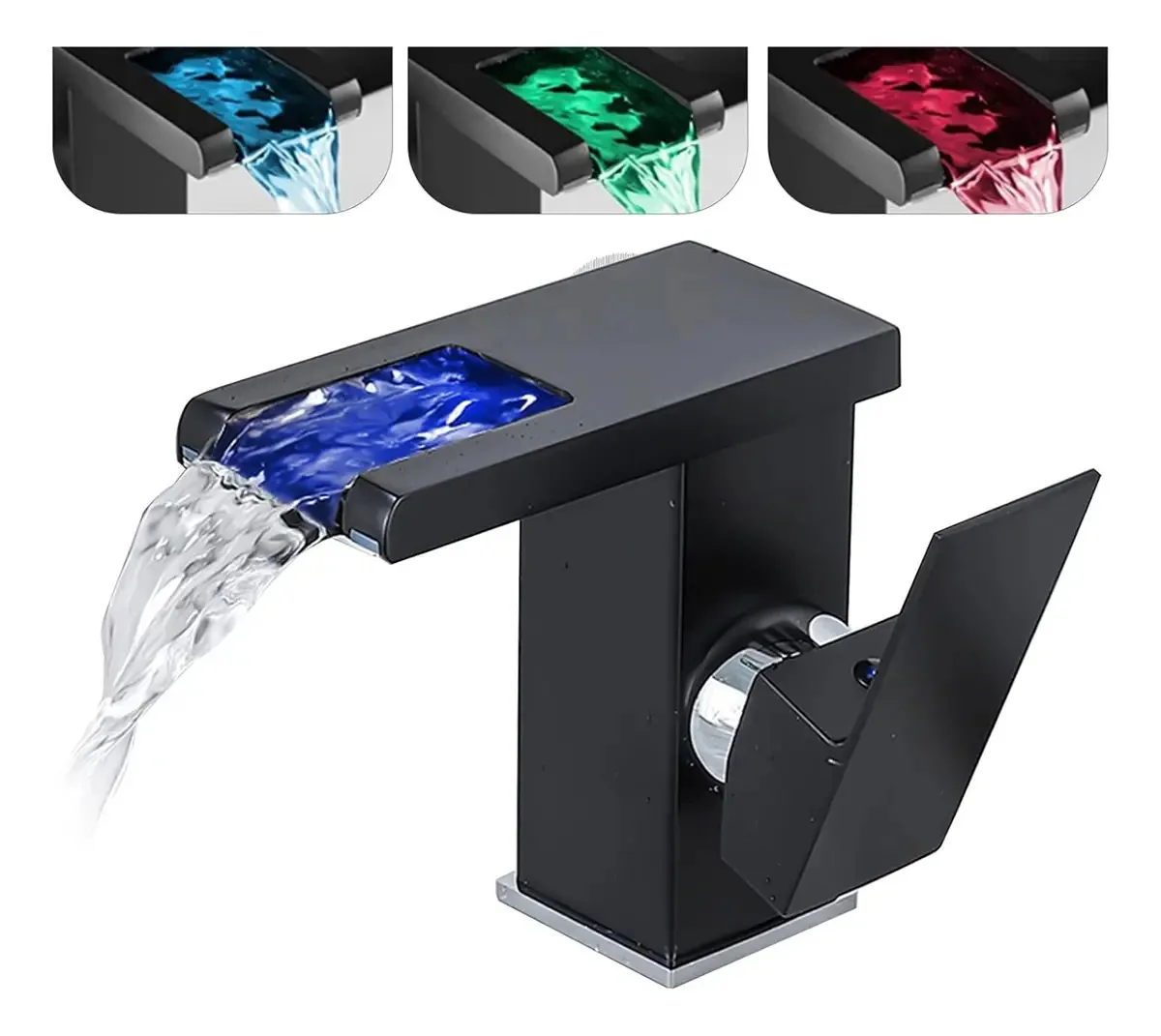 Torneira de banheiro com luz LED com 3 cores variáveis em acabamento preto fosco em cascata