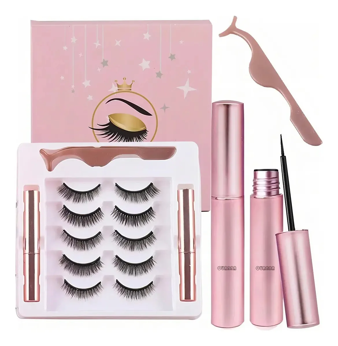Kit magnético de cílios postiços e delineador de olhos Quanna, 5 peças de cílios postiços 3D, 2 delineadores magnéticos e 1 pinça de cílios, durando o dia todo, fácil de usar