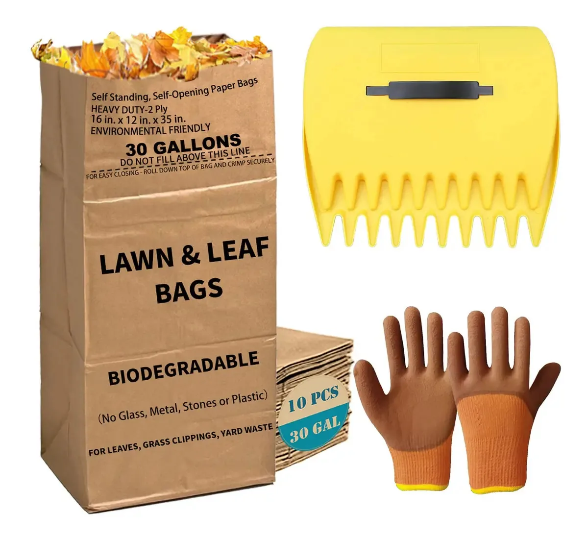 10 sacos de grama e folhas de 30 galões com colheres de folhas e luvas de jardinagem, sacos grandes de papel kraft pesados de 2 camadas | Saco de lixo de pátio resistente a rasgos para