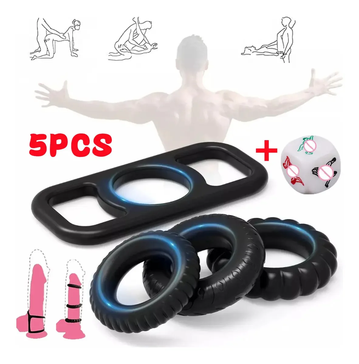 Anéis de pênis masculinos de silicone, brinquedos para adultos, 5 unidades