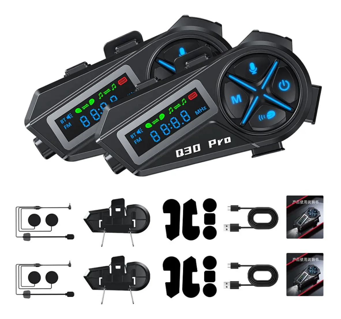 Intercomunicador Bluetooth Yeacher de 2 peças para capacete, tela LED HD, impermeável Ip56, lanterna, walkie-talkie de 500 metros para 2 pessoas, lanterna
