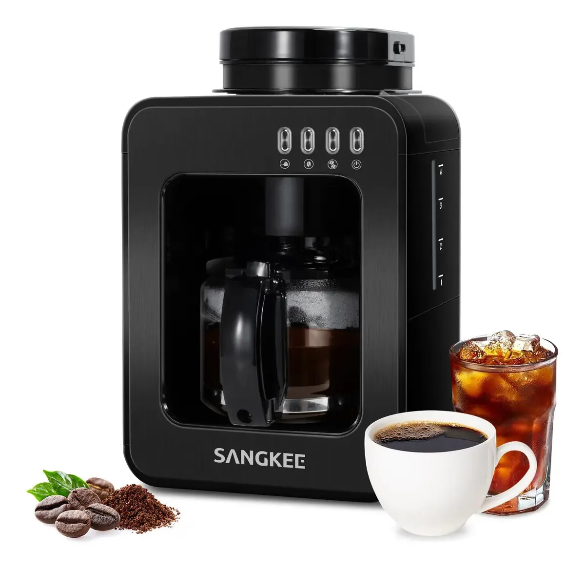 Cafeteira de gotejamento SANGKEE com moedor integrado, preparação instantânea e triturada, intensidade ajustável, preparação rápida automática, preservação de calor e função anti-gotejamento,...