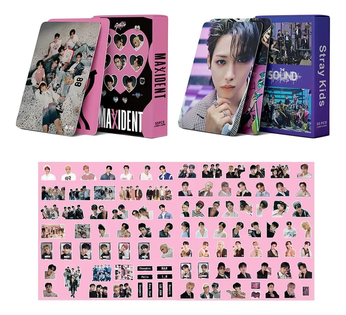 Cartões fotográficos Stray Kids Maxident e o kit de som e adesivos