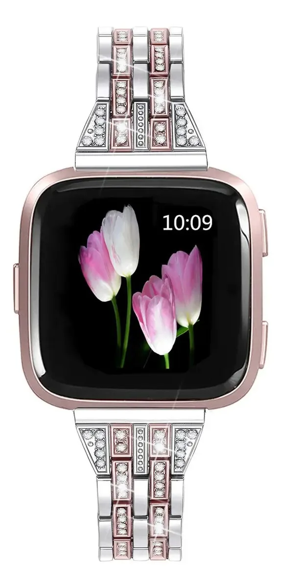 Pulseiras de Metal Mtozon Compatíveis com Fitbit Versa 2/Versa Lite/Versa, Pulseira de Metal de Reposição com Strass para Mulheres, Prata com Ouro Rosa