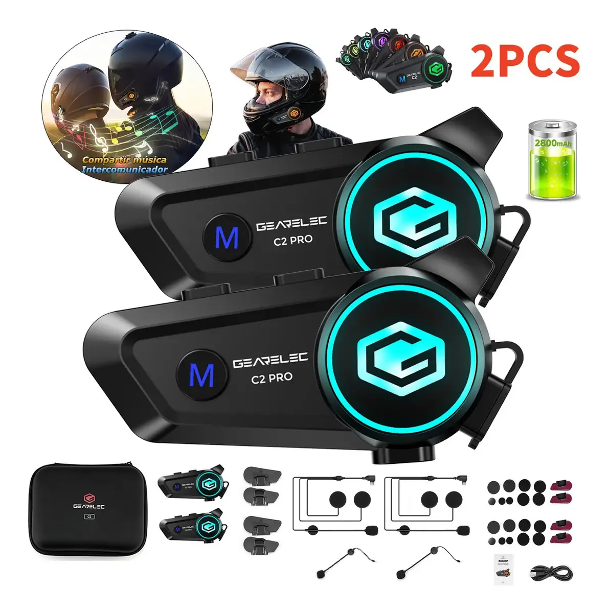Intercomunicador Gearelec C2 Pro, 2 peças de compartilhamento de música, motocicleta para capacete estéreo Bluetooth, chamadas sem usar as mãos, 2800mah, resistência Ip67