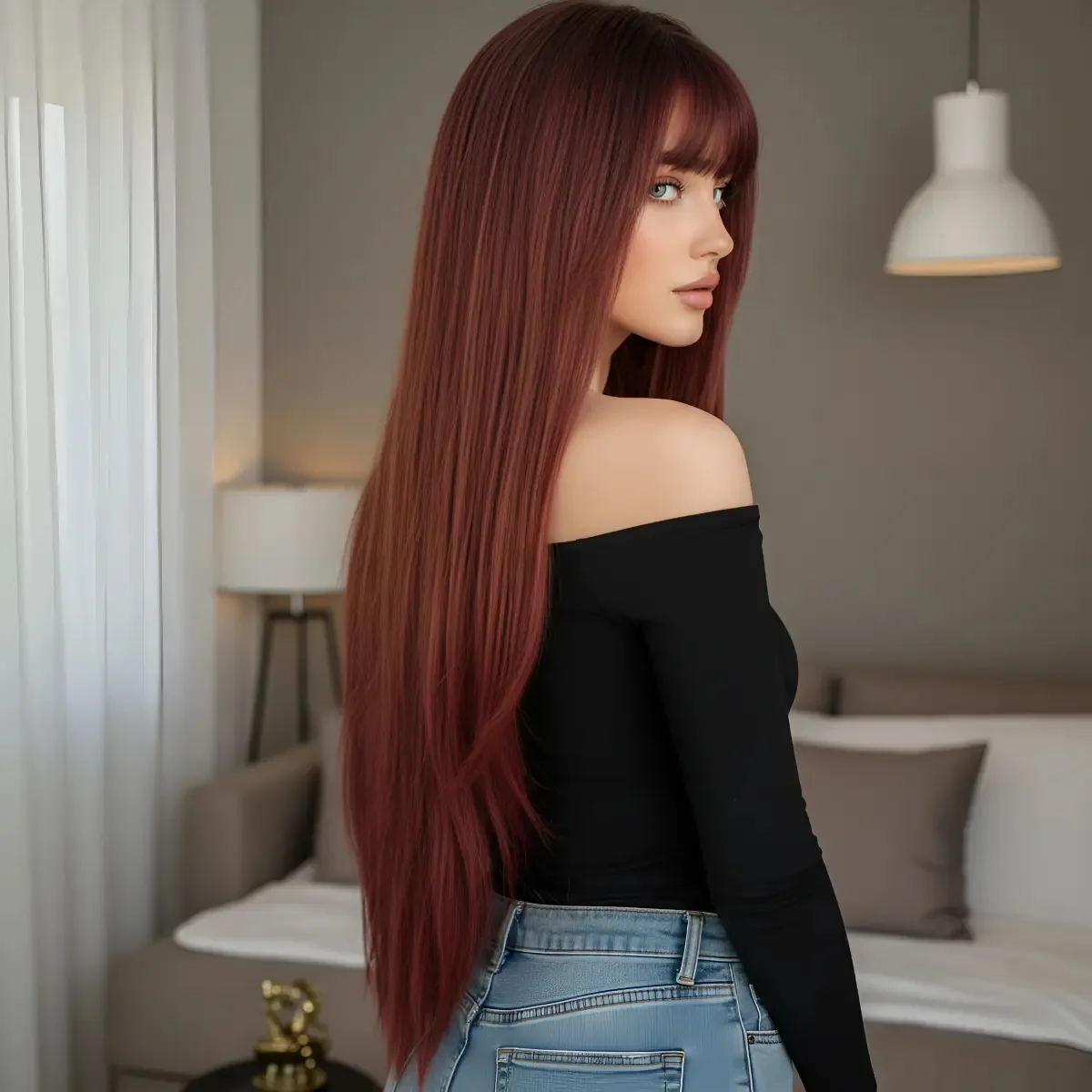 Perucas naturais de cabelo comprido para mulheres - marrom avermelhado