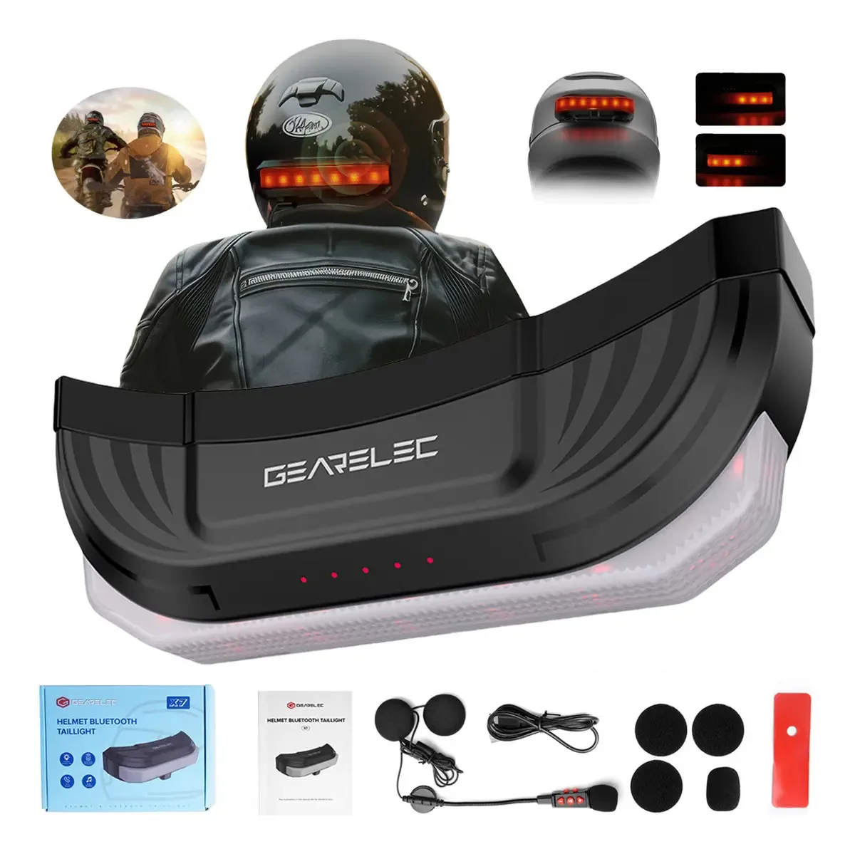 Capacete de motocicleta Gearelec X7, fones de ouvido com luz de pisca-pisca e sensor de gravidade, viva-voz, telefone, música Ip67, à prova d'água