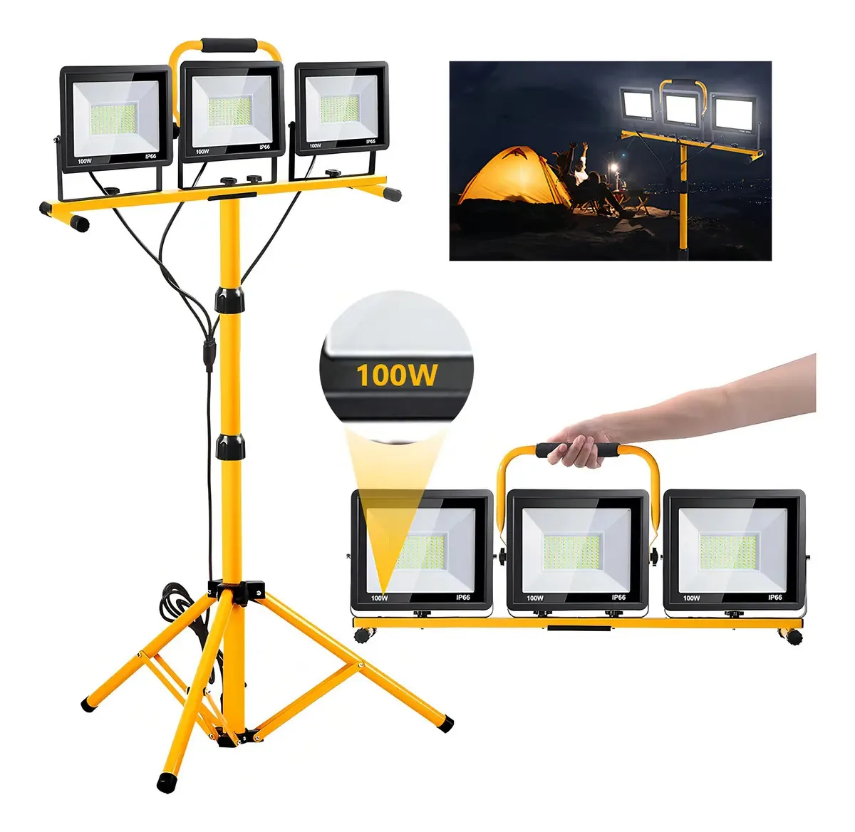 300w Tripie com 3 refletores LED portáteis e altura ajustável 300w