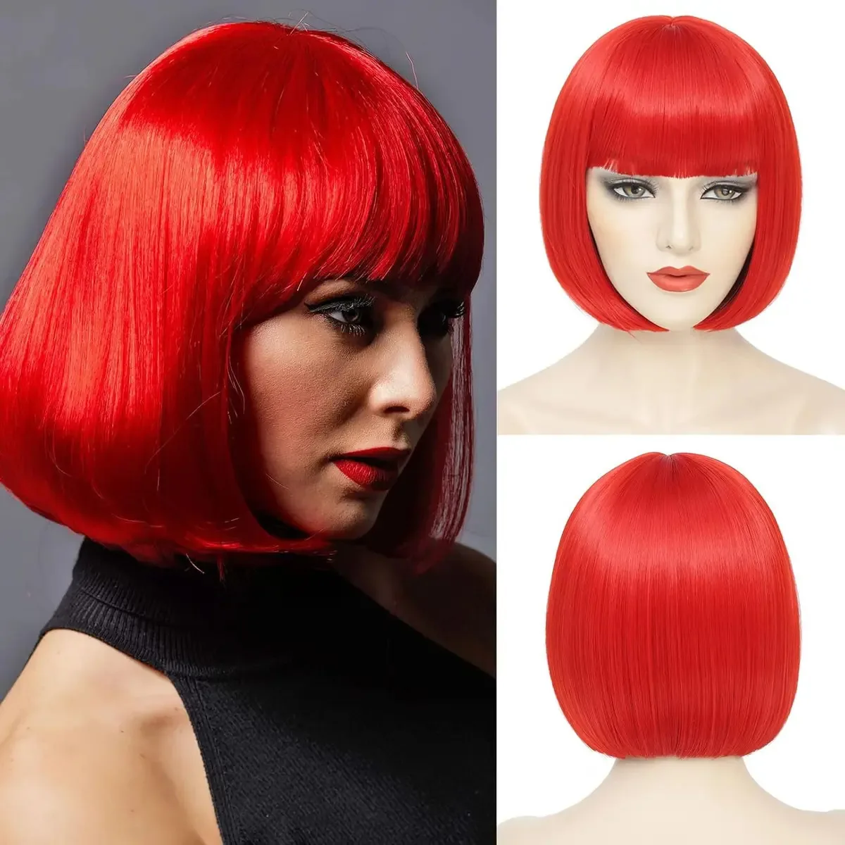 Peruca curta rosa, beleza natural, cosplay feminina, cor vermelha, tamanho base M