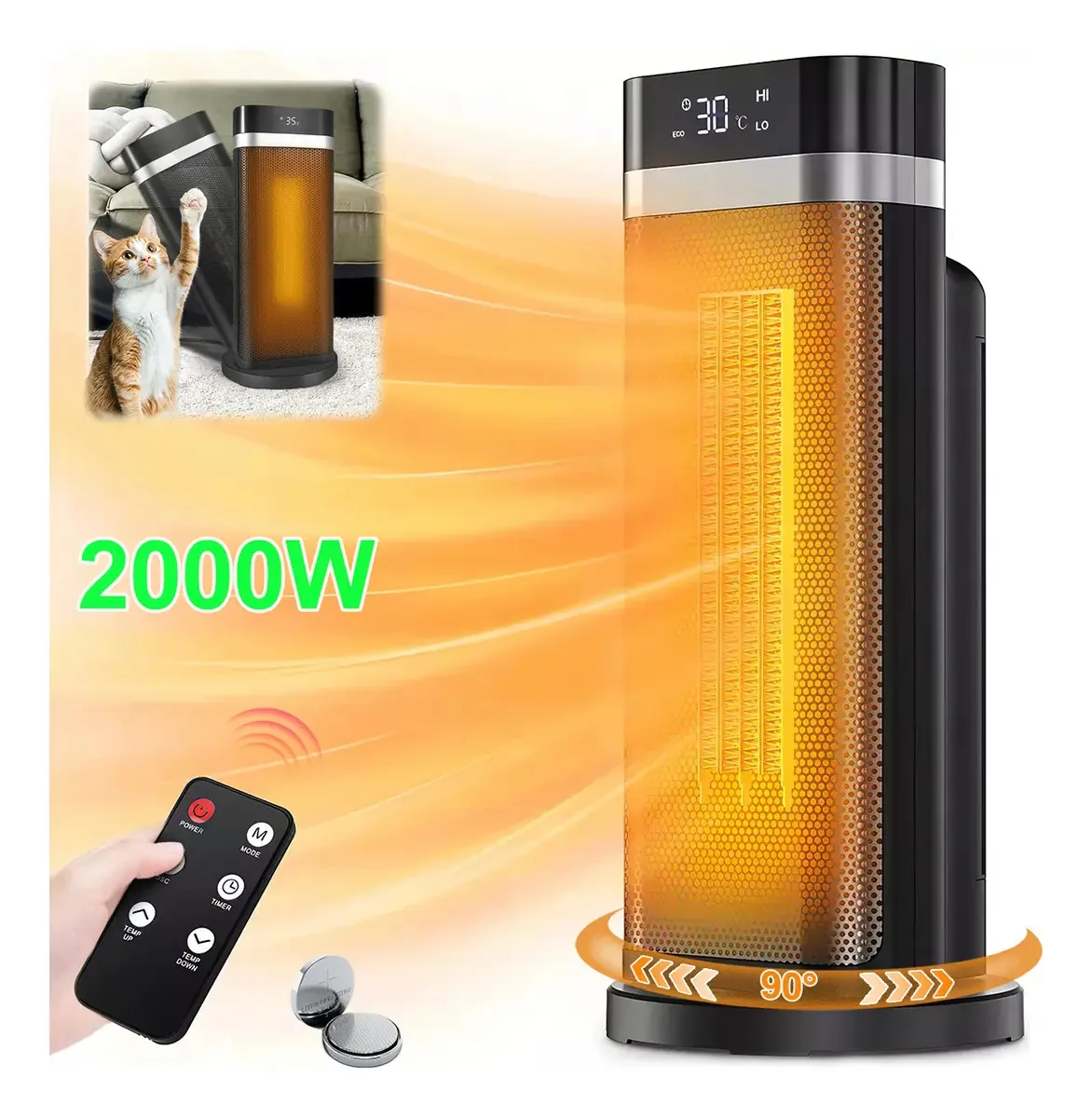 Aquecedor elétrico PTC, aquecedor de ar, 2000 W, 3 níveis, cor preta